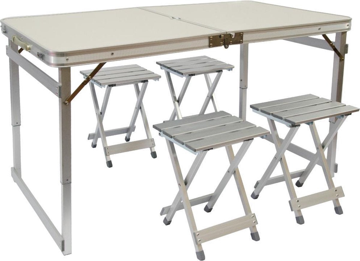 Opvouwbare stabiele campingtafel 120x70x70x70cm incl. 4 metalen krukken