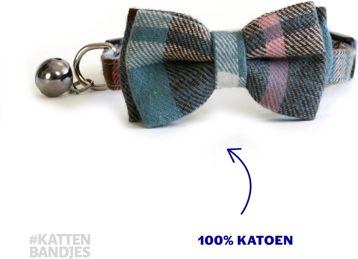 Kattenhalsband met strik | Halsband kat | Kattenband | Kitten | Kattenbandje met strik veiligheidssluiting en belletje in blauwe ruit