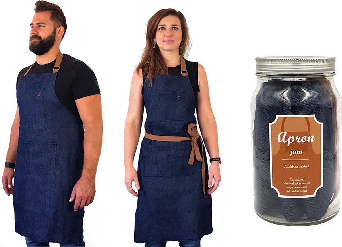 COOKUT Jam-Denim Apron in A Glass Jar-Brown Leather Belt