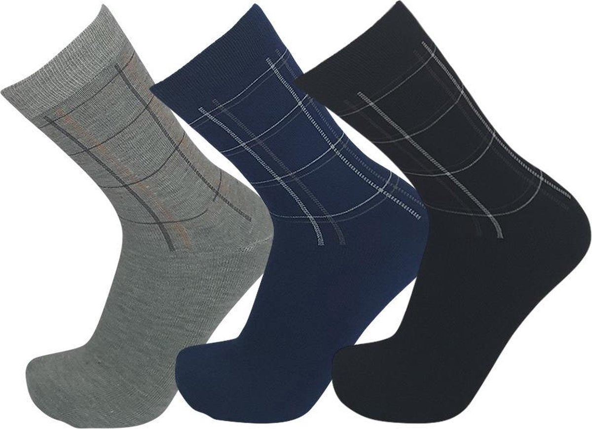 Set Saffiro herensokken met een gestreept patroon 43/46 - Katoen - 3 paar - lichtgrijs + blauw + zwart
