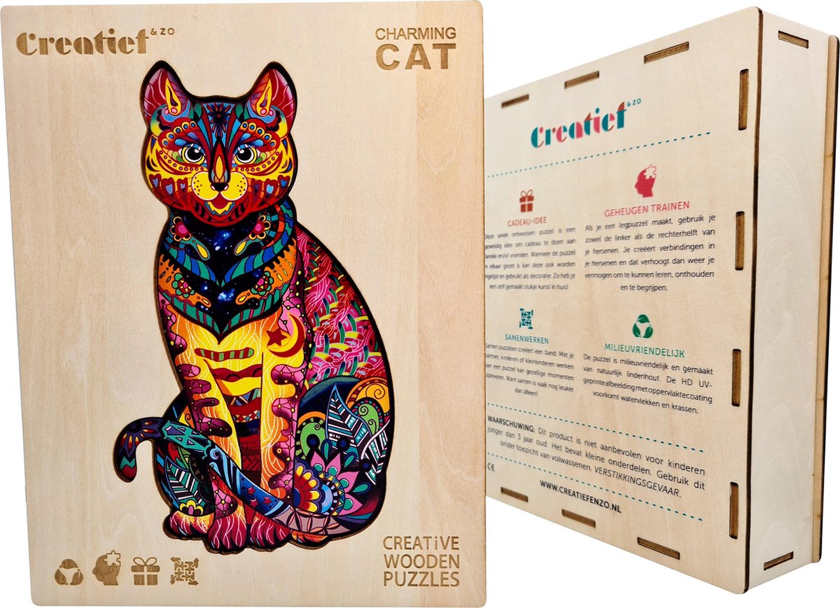 Kleurrijke Kat - Houten Puzzel Volwassenen - Jigsaw puzzels - A3 formaat