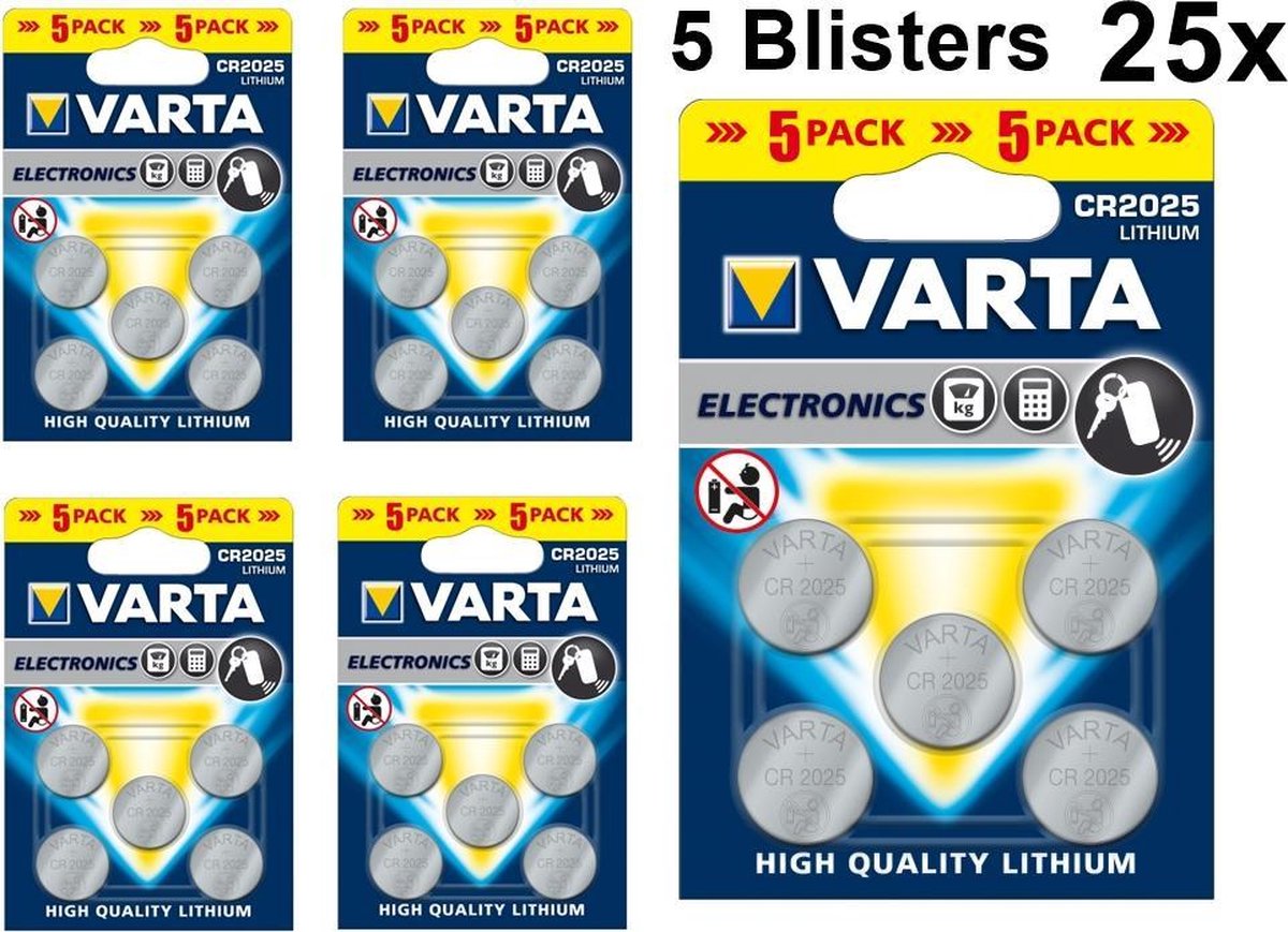 25 Stuks (5 Blisters a 5st) - VARTA CR2025 3v lithium knoopcel batterij