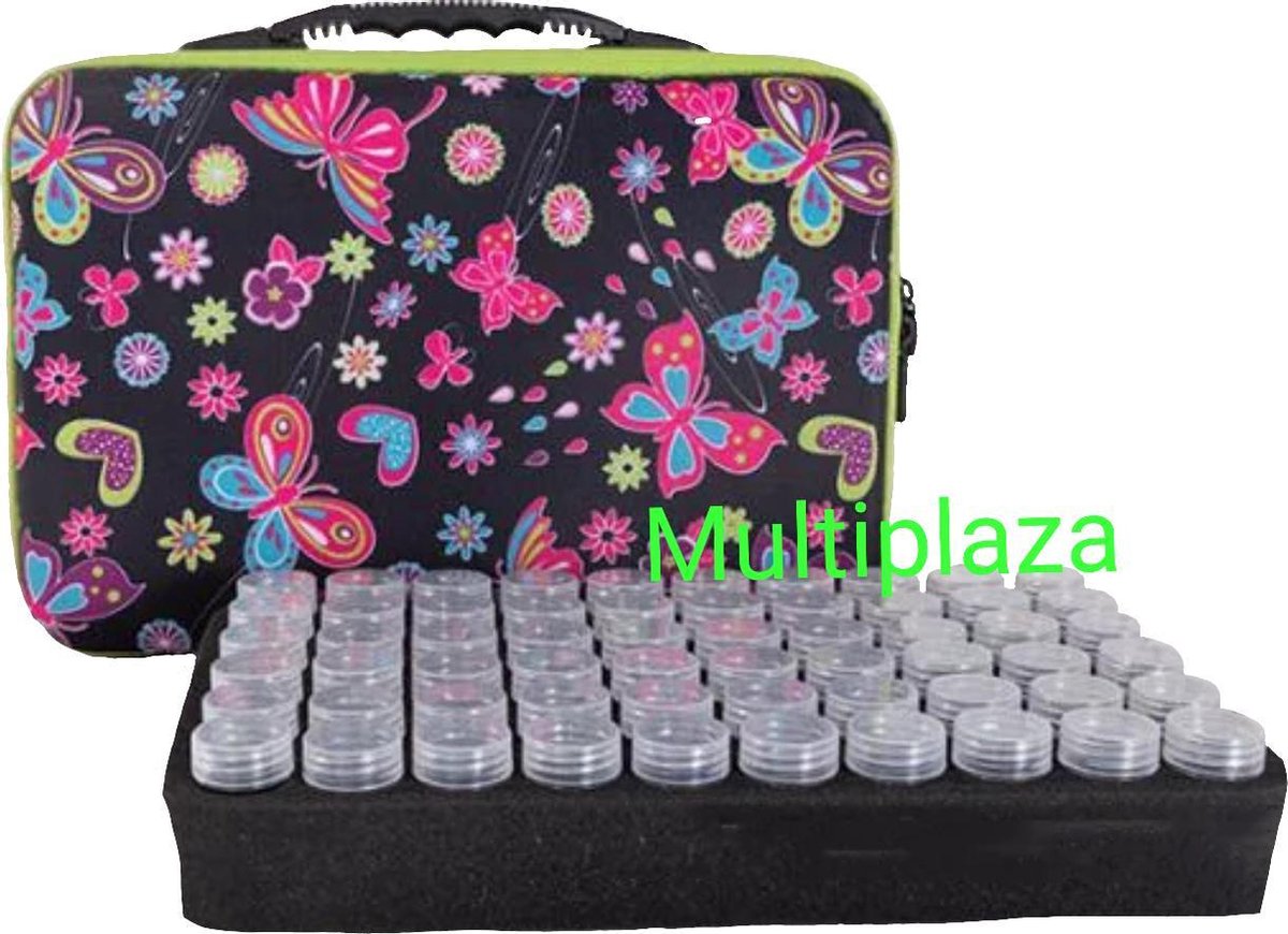 Luxe Sorteerkoffer "Multiplaza" met 60 potjes GROEN met vlinders design - diamond painting - hobby - opbergkoffer- opberg - organizer - knutselen - creatief - kralen