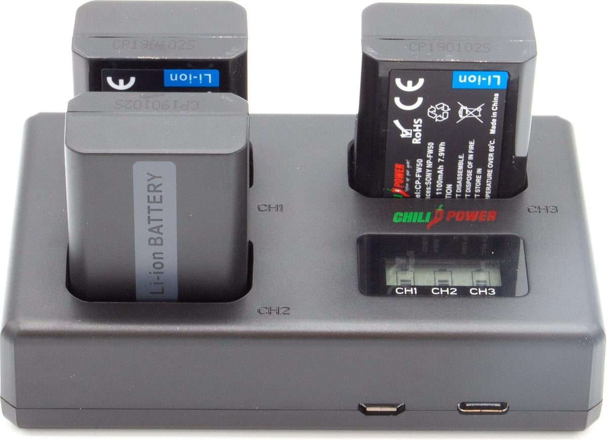 ChiliPower Sony Accu NP-FW50 Kit Deluxe - 3 accu's + Triple lader