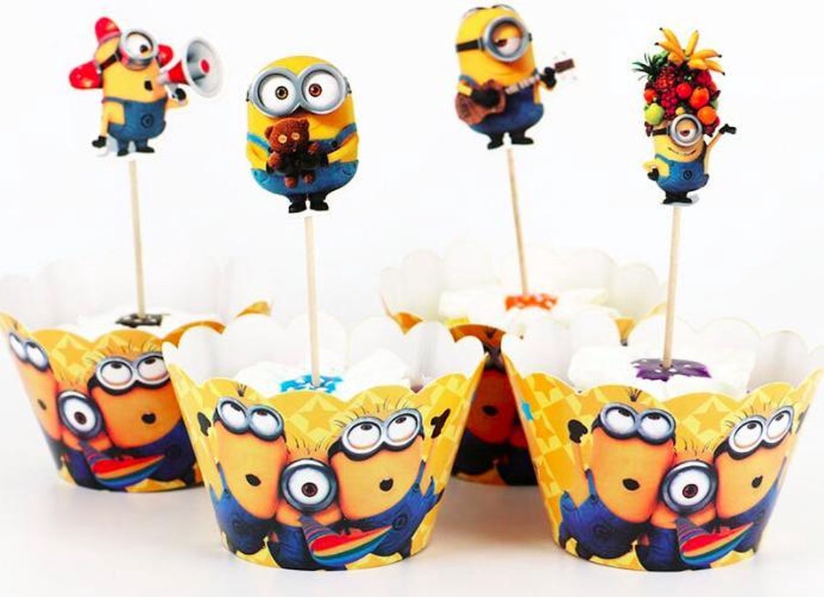 ProductGoods - 12 Stuks Minions Mini Cupcake Bakjes + 12 Cupcake Minions Versiering  - Kinderen - Kinderfeestje - Party - Taart Decoraties - Verjaardag Decoratie - Happy Birthday  - Minions - Omslagen - Omslag - mini cupcake vormpjes