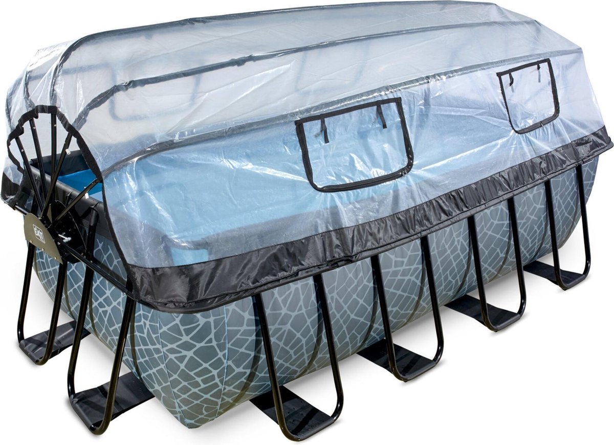 EXIT Stone zwembad 400x200x122cm met overkapping en zandfilter- en warmtepomp - grijs