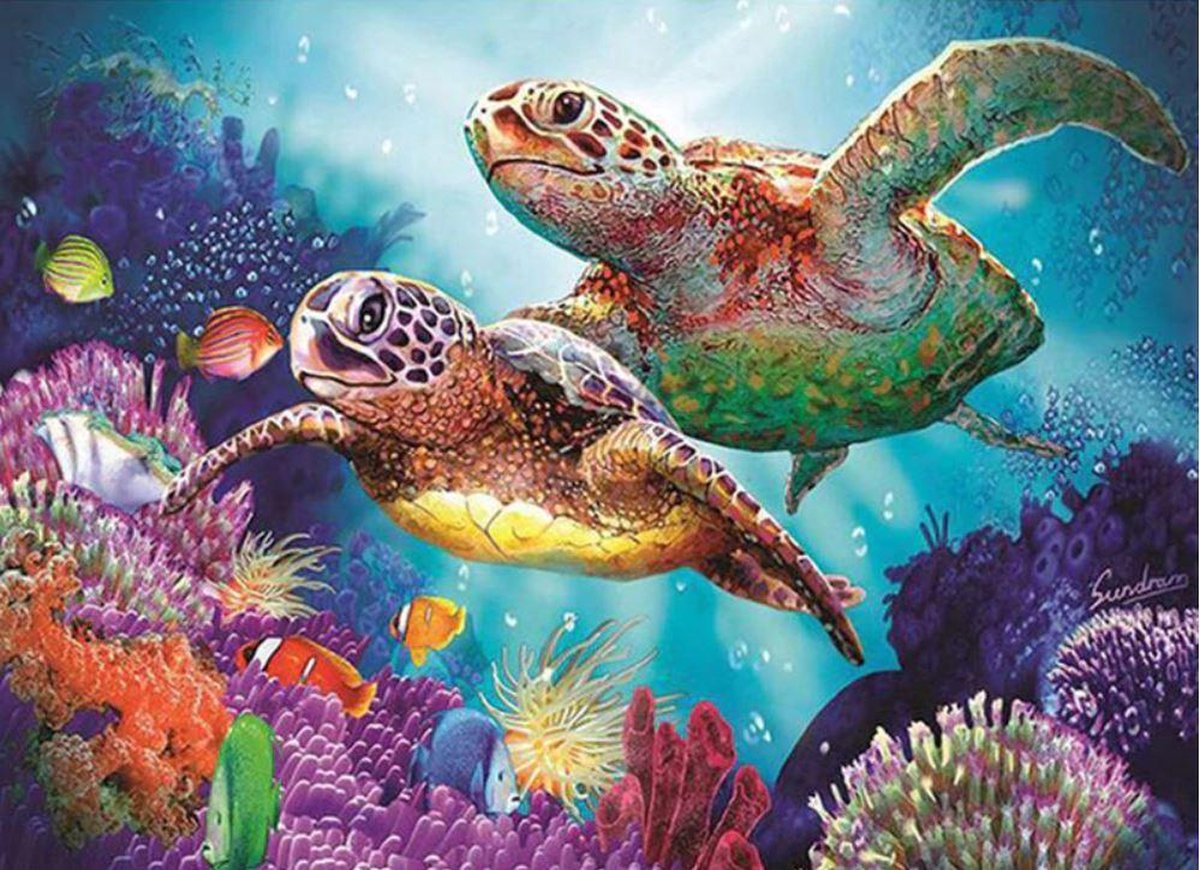 Schildpadden in de Zee - Diamond Painting - 15x20cm - Complete Set - Inclusief Tools - Vierkante Steentjes - Stipco