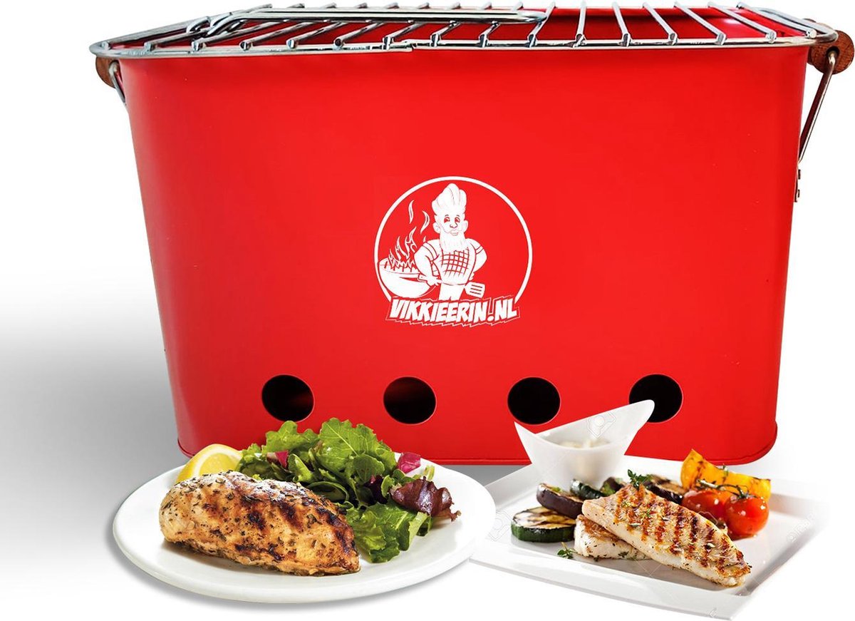 Vikkieerin Rode Houtskool Barbecue - Grilloppervlak (LxB) 43 x 25 cm  - Inclusief Luchtrooster - Rood