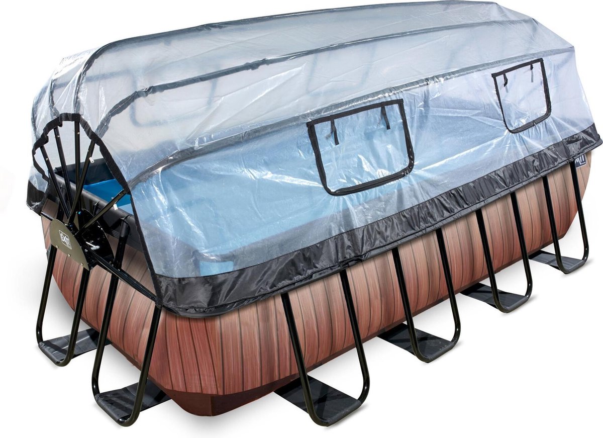 EXIT Wood zwembad 400x200x100cm met overkapping en zandfilterpomp - bruin