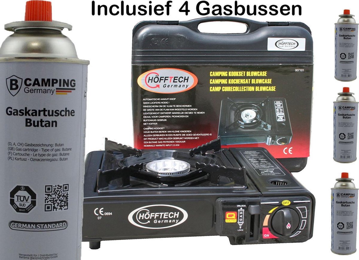 Camping Kookstel - Kooktoestel - Kampeer kookstel - Gasstel - Gaspit - Kookplaat - Elektronische ontsteking - Inclusief 4 Gasbussen