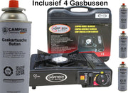 Camping Kookstel - Kooktoestel - Kampeer kookstel - Gasstel - Gaspit - Kookplaat - Elektronische ontsteking - Inclusief 4 Gasbussen