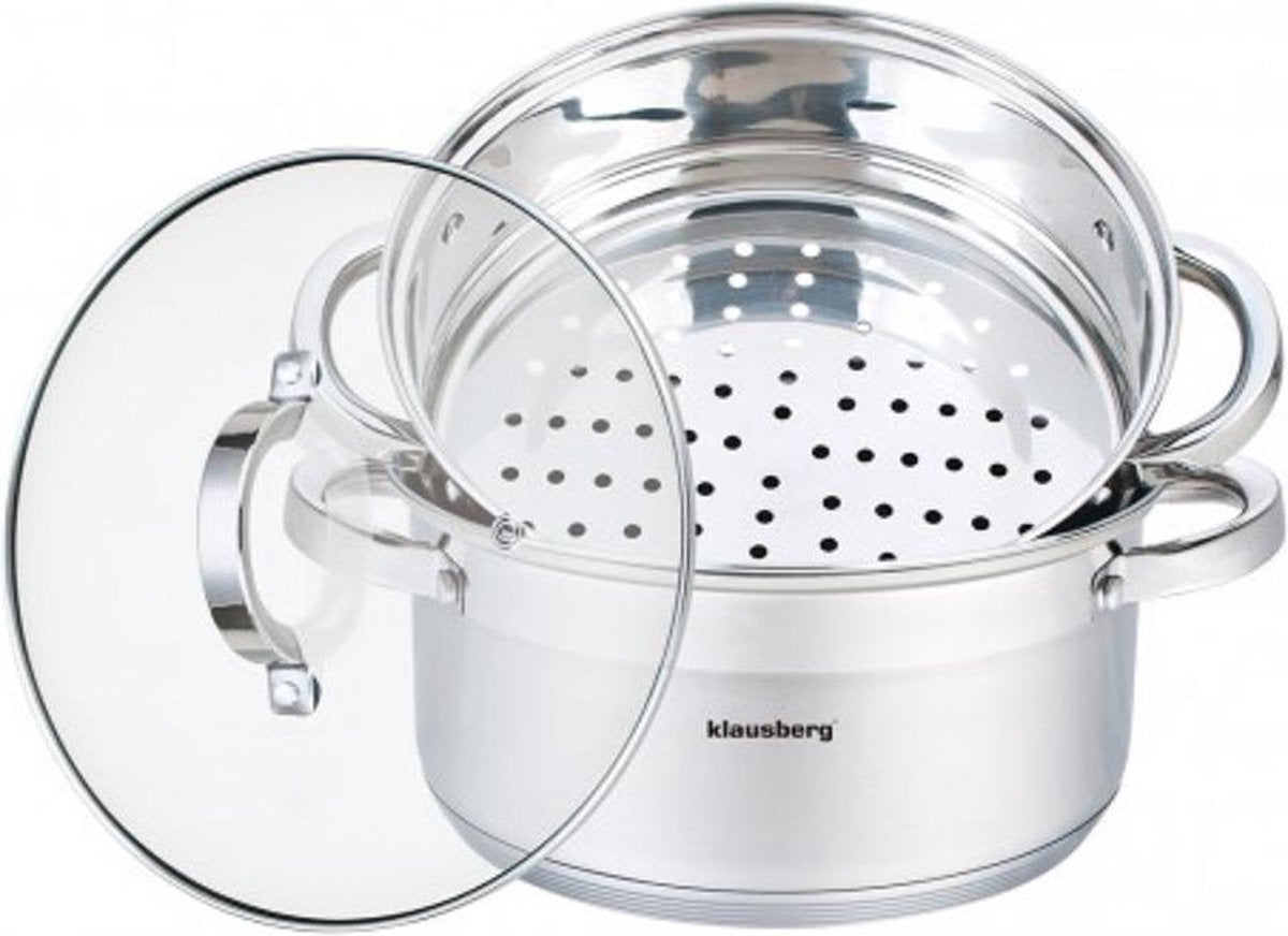 Stoompan – Rijststomer - Groentestomer 3-Delig - Ø 22 cm - 4.0L Roestvrijstaal Met Glasdeksel - FIRENZE