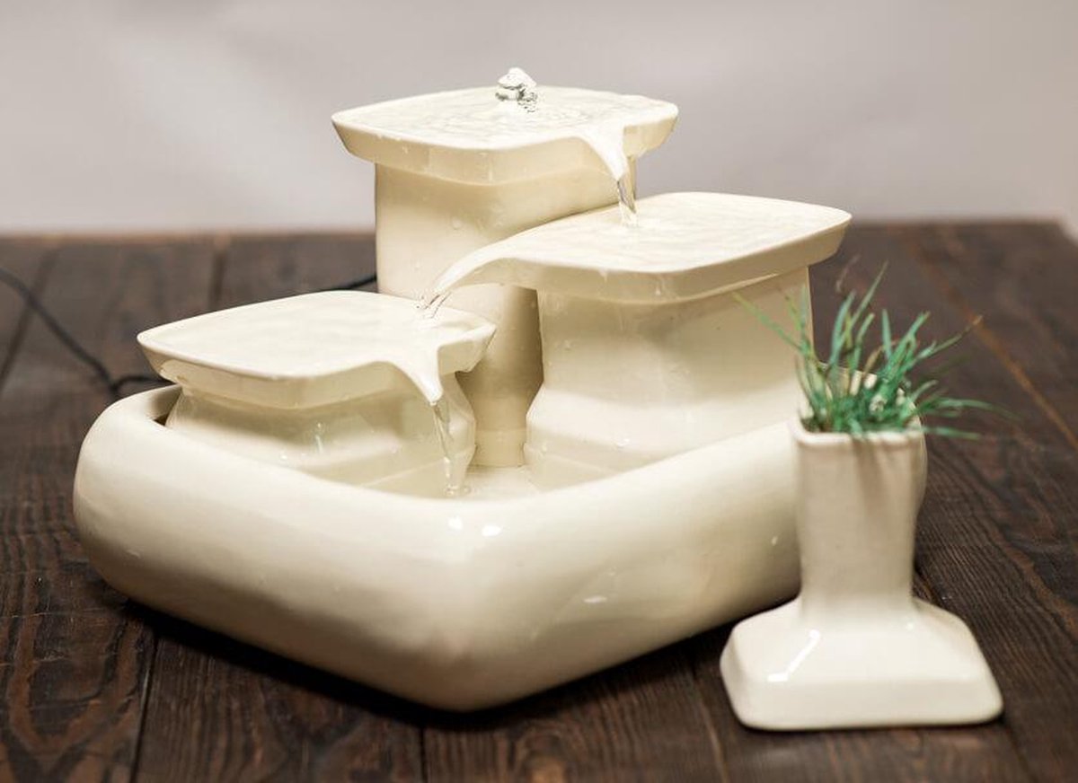 Miaustore grote keramische fontein set - drinkfonteinen - voerbak - drinkbak - kattengras - wit - melk - 3