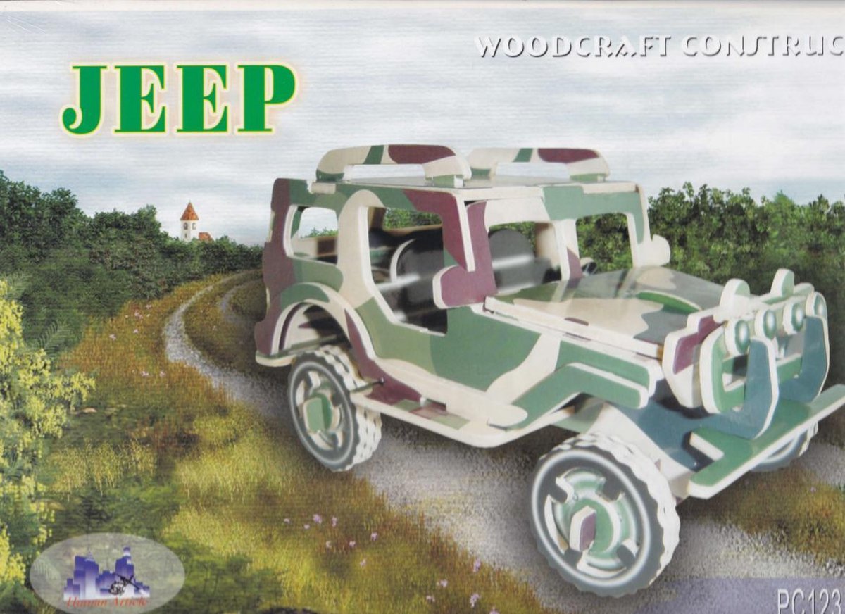 3D Puzzel Bouwpakket Legerjeep - hout - gekleurd