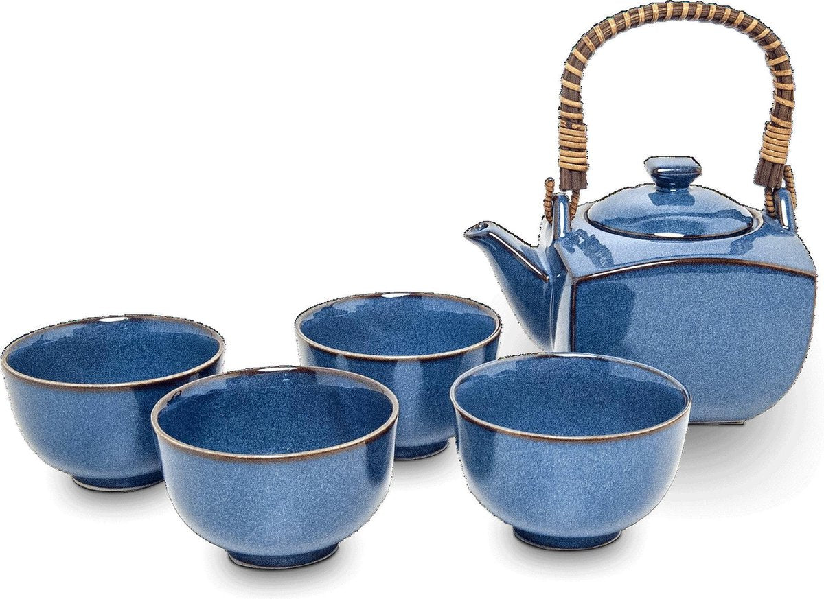 Traditionele Thee set - 5 delig - Luxe Thee Set - Japanse Thee Set - Sea Blue - Porselein Theepot met Mokken - 4 Porselein kopjes - Met RVS theezeefje - Theefilter - Losse thee - Thee ei - Thee infuser - Thee accessoires