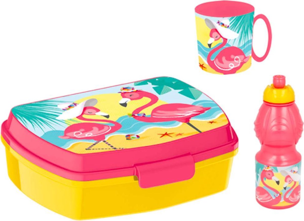 Flamingo  brooddoos (17 cm - 13 cm - 6 cm) + drinkbeker (9cm hoog - 350 ml) + Drinkfles (18 cm hoog - 400 ml)