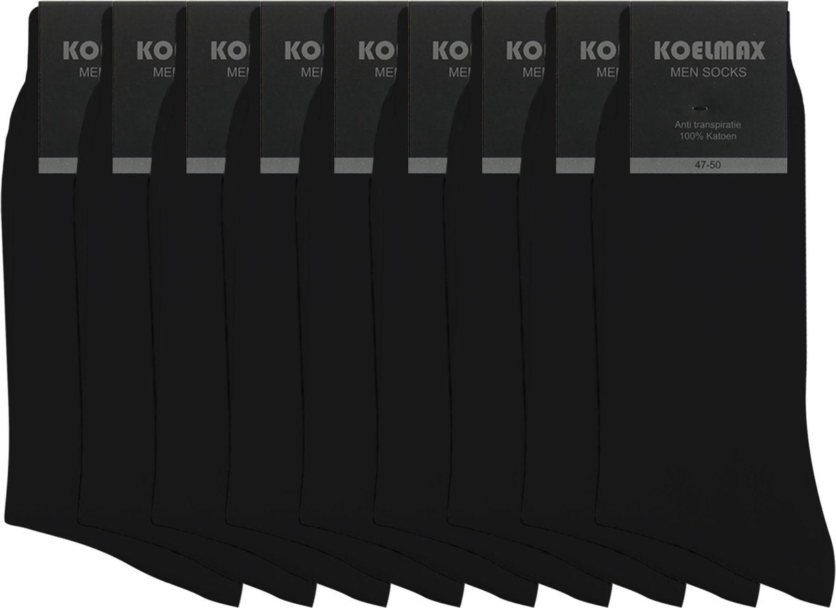 Koelmax - Naadloze Herensokken - 100% Katoen - 9 Paar - Zwart - Maat 43-46