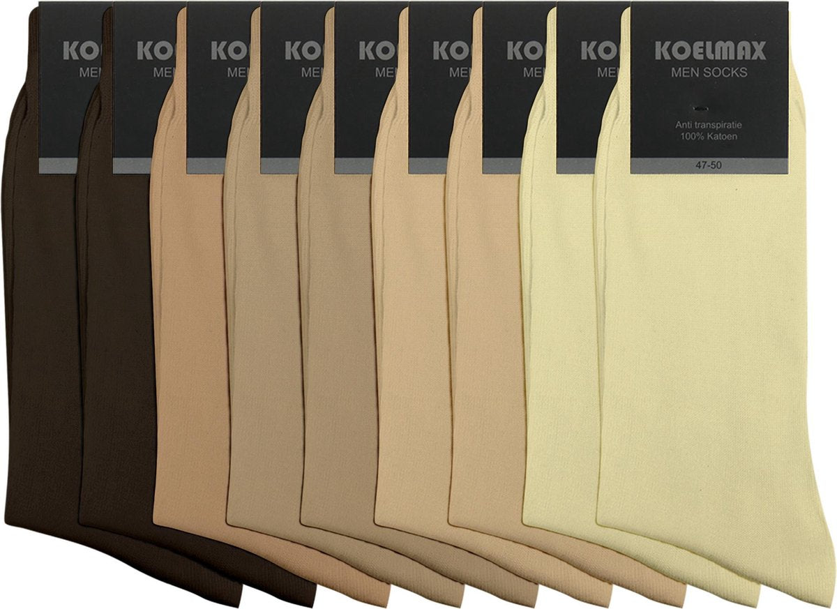 Koelmax - Naadloze Herensokken - 100% Katoen - 9 Paar - Beige Mix - Maat 39-42