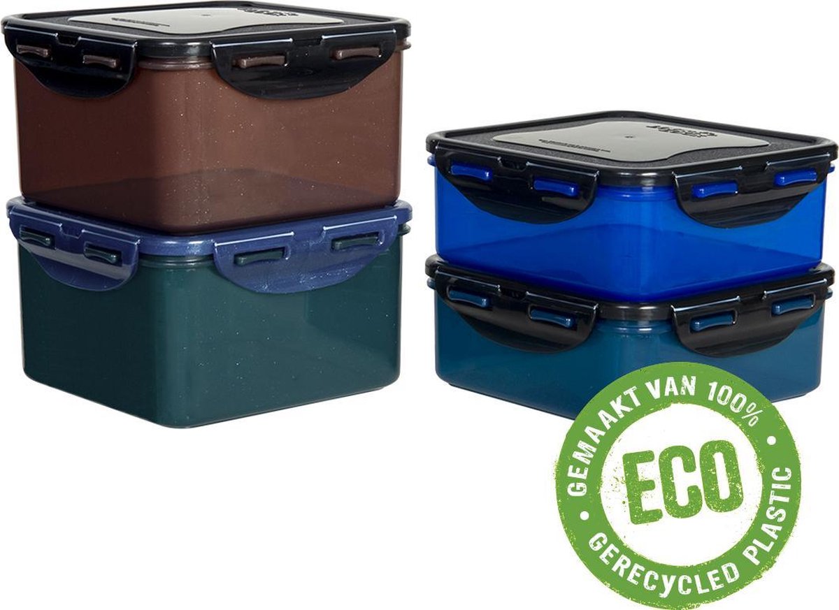 Lock&Lock ECO Vershoudbakjes – Set van 4 stuks – Vierkant - Duurzaam – Zero waste – 100% gerecycled plastic – 870 ml + 1