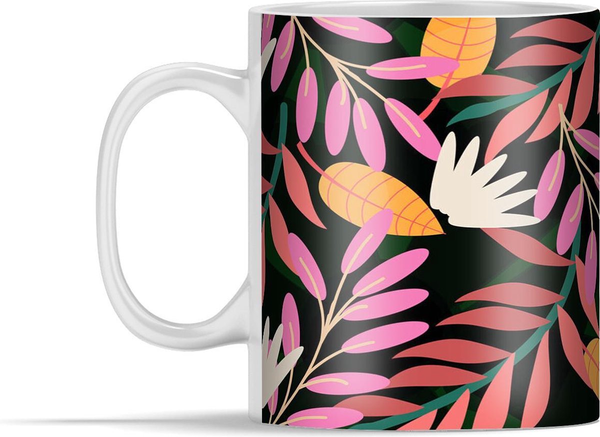 Mok - Tropische bloemenprint illustratie op een donkere achtergrond - 350 ml - Beker
