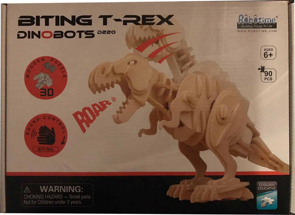 Bijtende 3D Dino T-Rex Houten Puzzel D220 met sound control