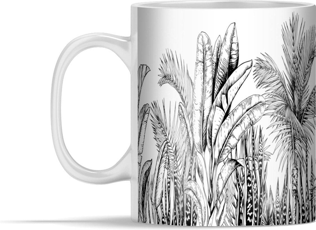 Mok - Bladeren - Illustratie - Zwart - Wit - 350 ml - Beker