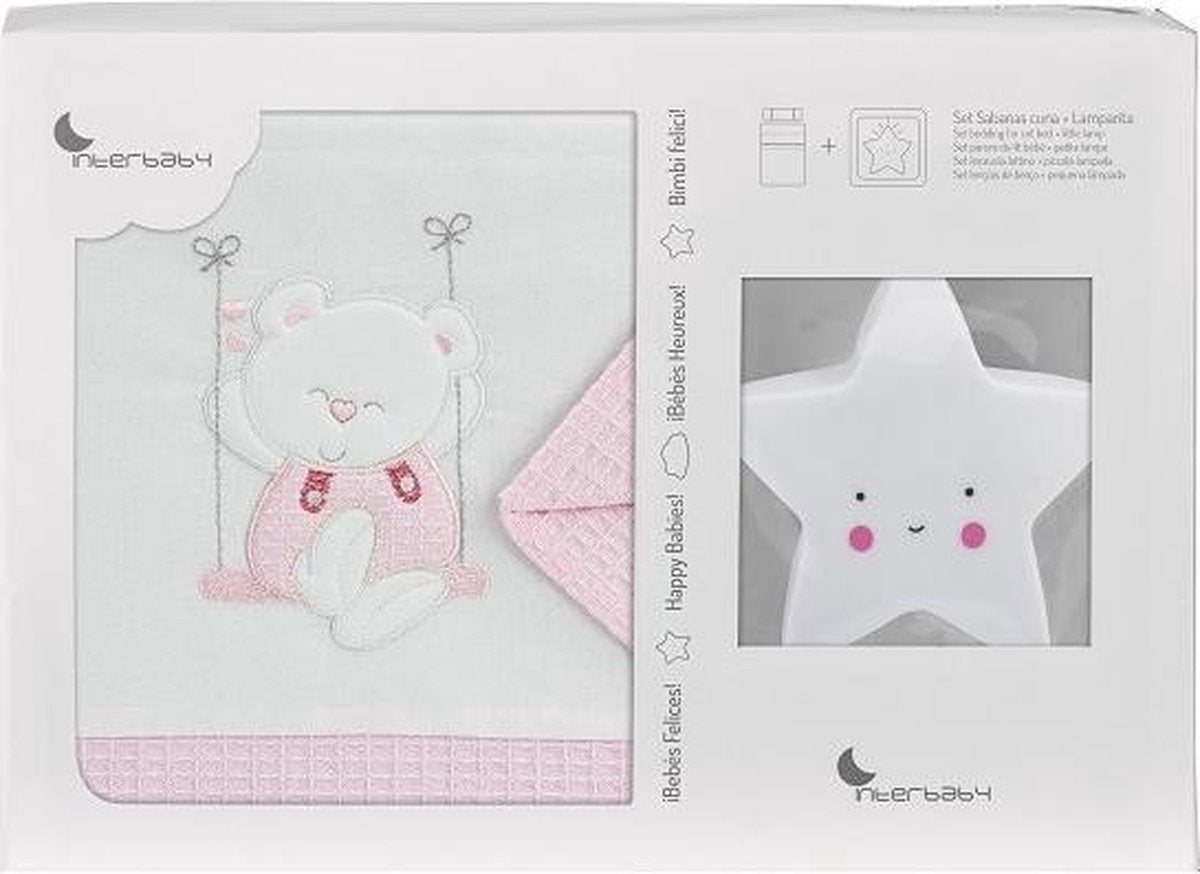 Interbaby Wieglakenset Beer Katoen Wit/roze 4-delig