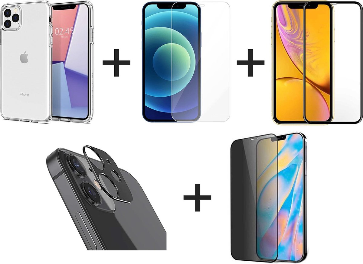 iPhone 12 Pro Max Hoesje COMBI DEAL - 1x Hoesje Siliconen Transparant - 1x Screen Protector - 1x Screenprotector Full Cover - 1x Privacy Screenprotector - 1x Camera Screen Protector