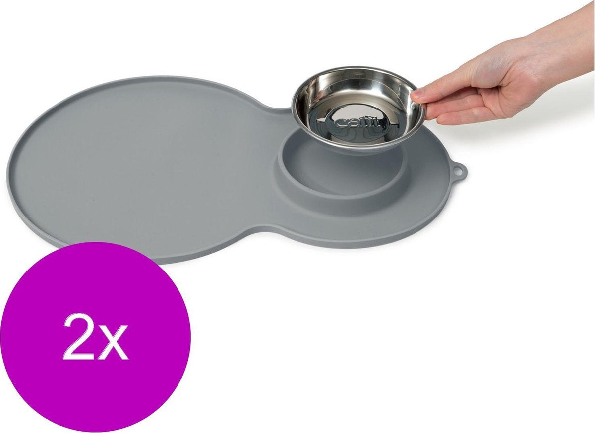Catit Placemat Peanut Inclusief Rvs Bakje 35 x 23 x 3 cm - Kattendrinkbak - 2 x Grijs