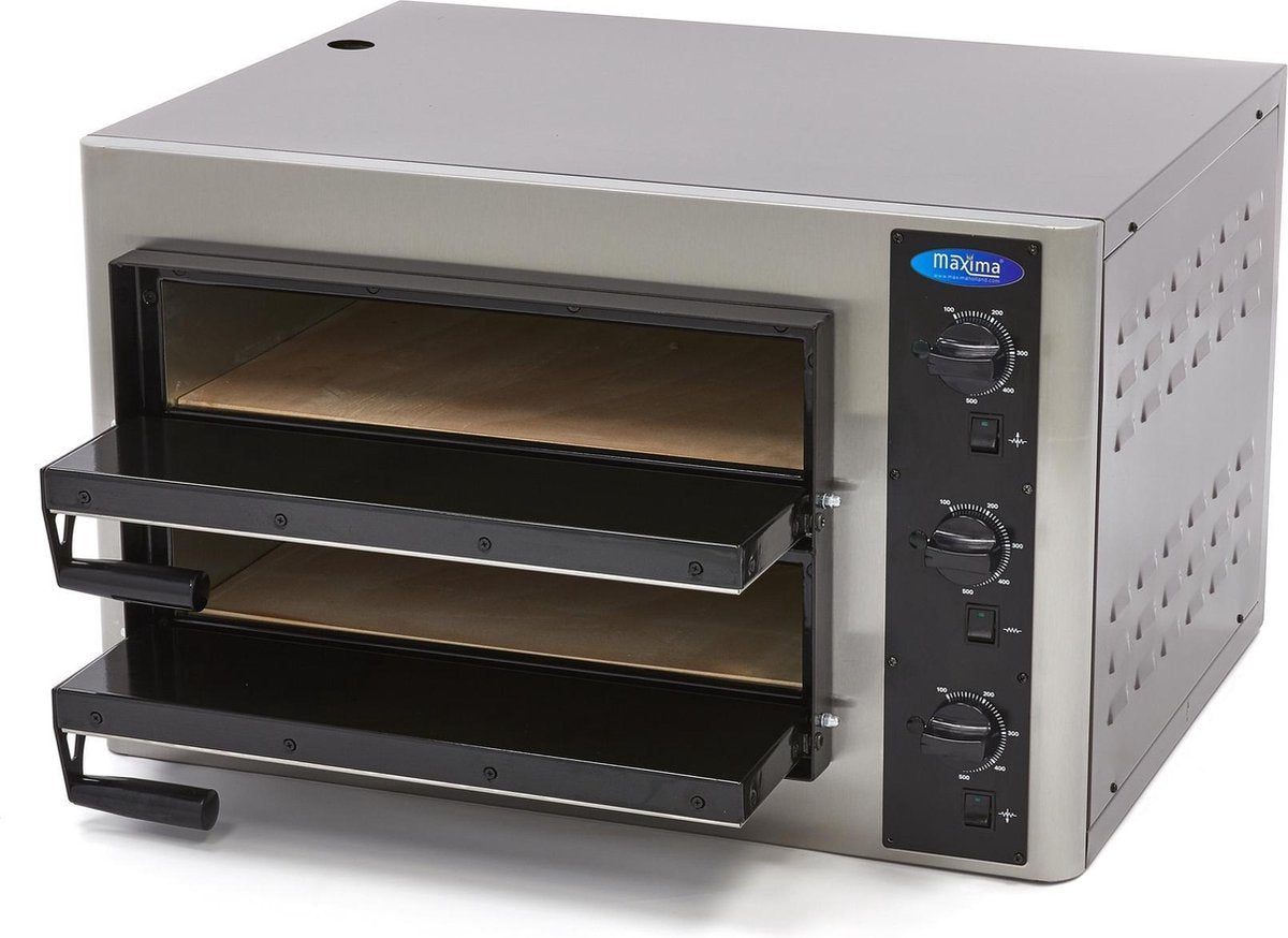 Dubbele Pizza Oven 4 + 4 x 25 cm - 8 Pizza's - 400V - RVS - Variabele Thermostaat tot 500 Graden - per Kamer Instelbaar - Stenen Platen - Maxima