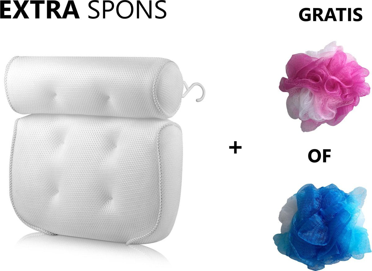 Luxe Badkussen voor in Bad en Jacuzzi - Hoofdkussen voor Nekklachten - Zuignappen - Antislip - Inclusief Gratis Waszak/Badspons