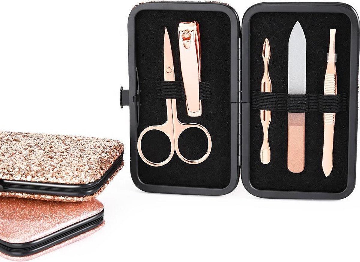 Medies - nagelknipper set | nagelverzorging set | nagel knipper set | manicure reisset | pedicure set | nagelverzorging | etui | geschenkset - luxe - rosé - 5-delig - nagelknipper- tweezer- nagelschaar- nagelvijl  en nagelriemduwer