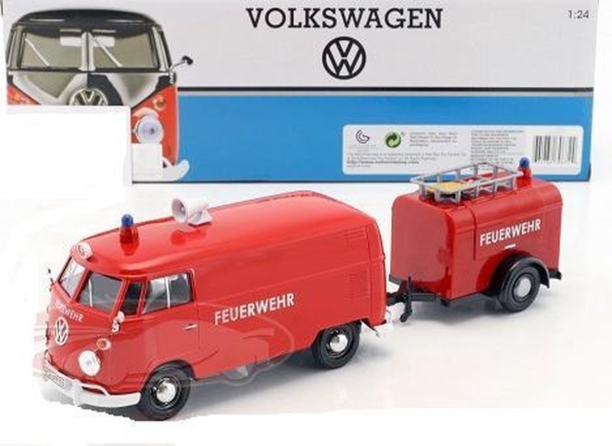 Volkswagen Bus T1 Van met aanhanger Brandweer Rood 1:24 MotorMax