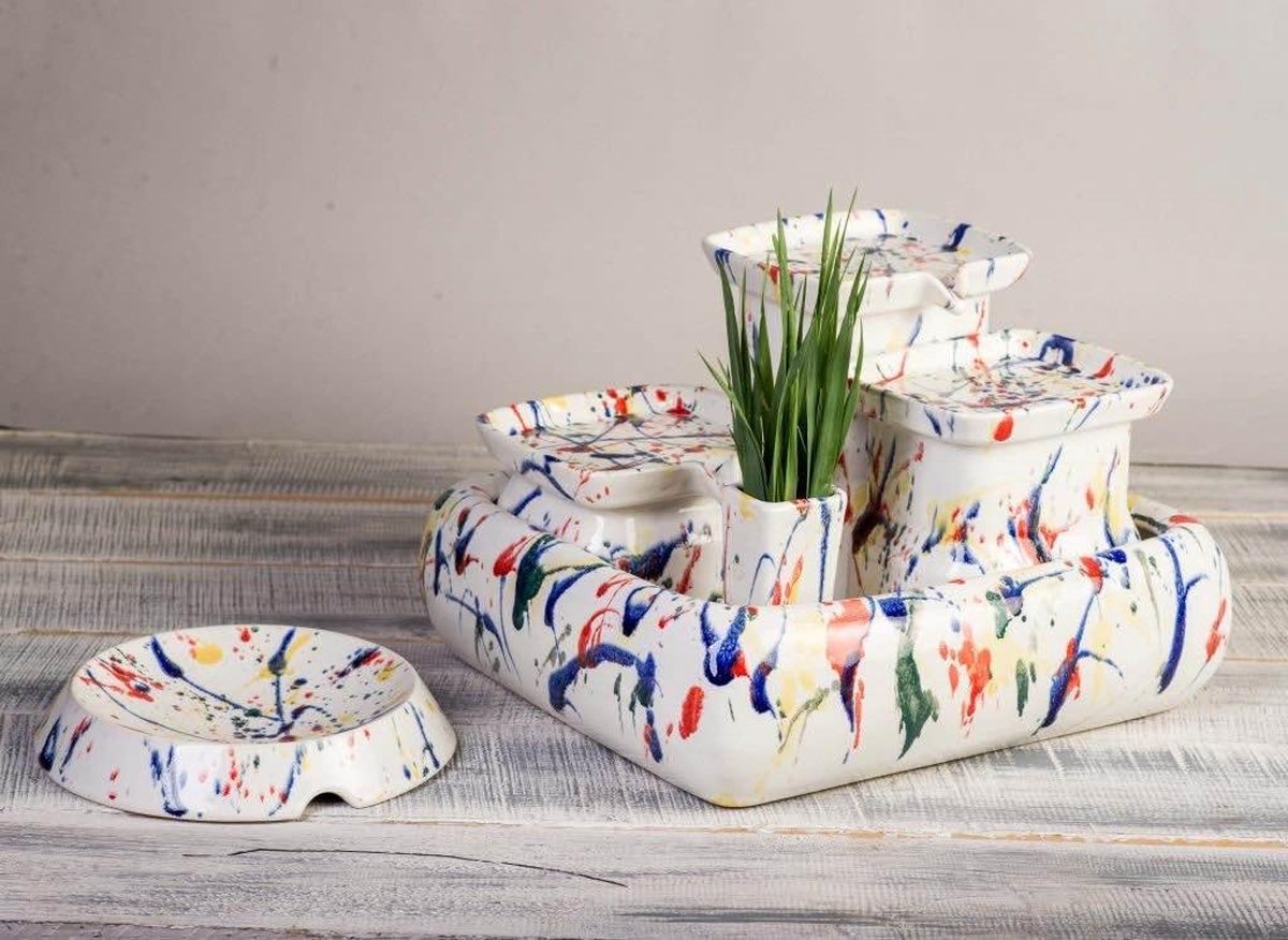 Miaustore grote keramische fontein set - drinkfonteinen - voerbak - drinkbak - kattengras - harlekin - kunst - gekleurd - 3
