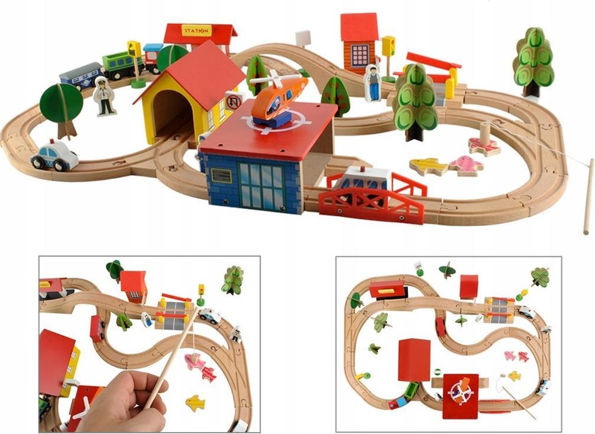 Luxe Houten Treinbaan Set - Trein Spoorbaan Met Treinrails Station & Onderdelen