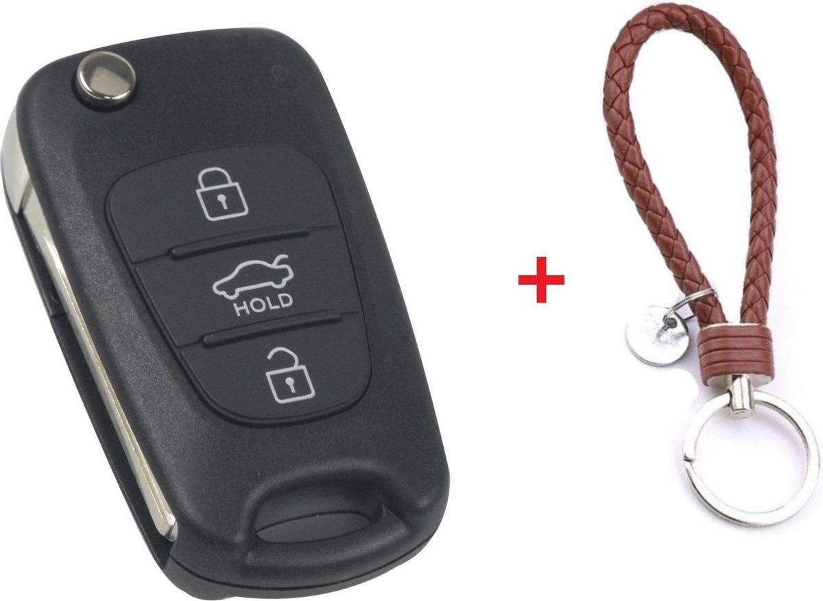 Autosleutel 3 knoppen klapsleutel (O3B) geschikt voor Hyundai sleutel / Accent / Avante Veloster / i10 / i20 / i30 / iX35 / Kia Picanto / Sportage / K2 / K5 / Hyundai sleutel + gevlochten bruin PU-lederen sleutelhanger.