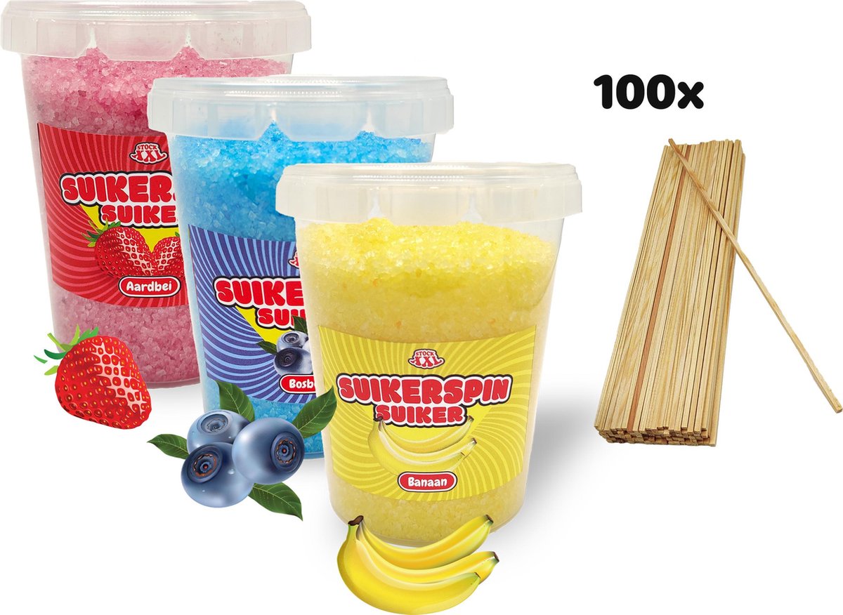 Suikerspin Suiker - Aardbei - Bosbes - Banaan - 3 potten x 400 gram  incl. ± 100 suikerspin stokjes - Fruit combo 5