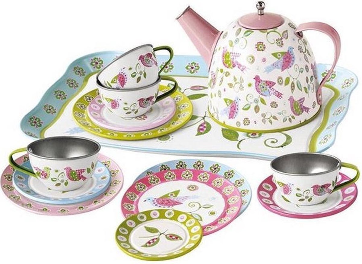 Simply for Kids Tinnen Theeservies Birds met Koffertje - Speelgoed - Keuken Accessoires