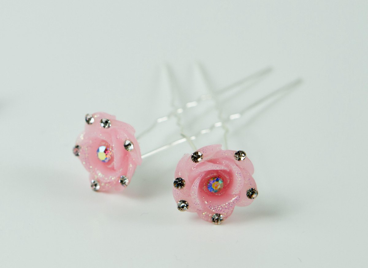 Haarpinnen bloem roze met strass.