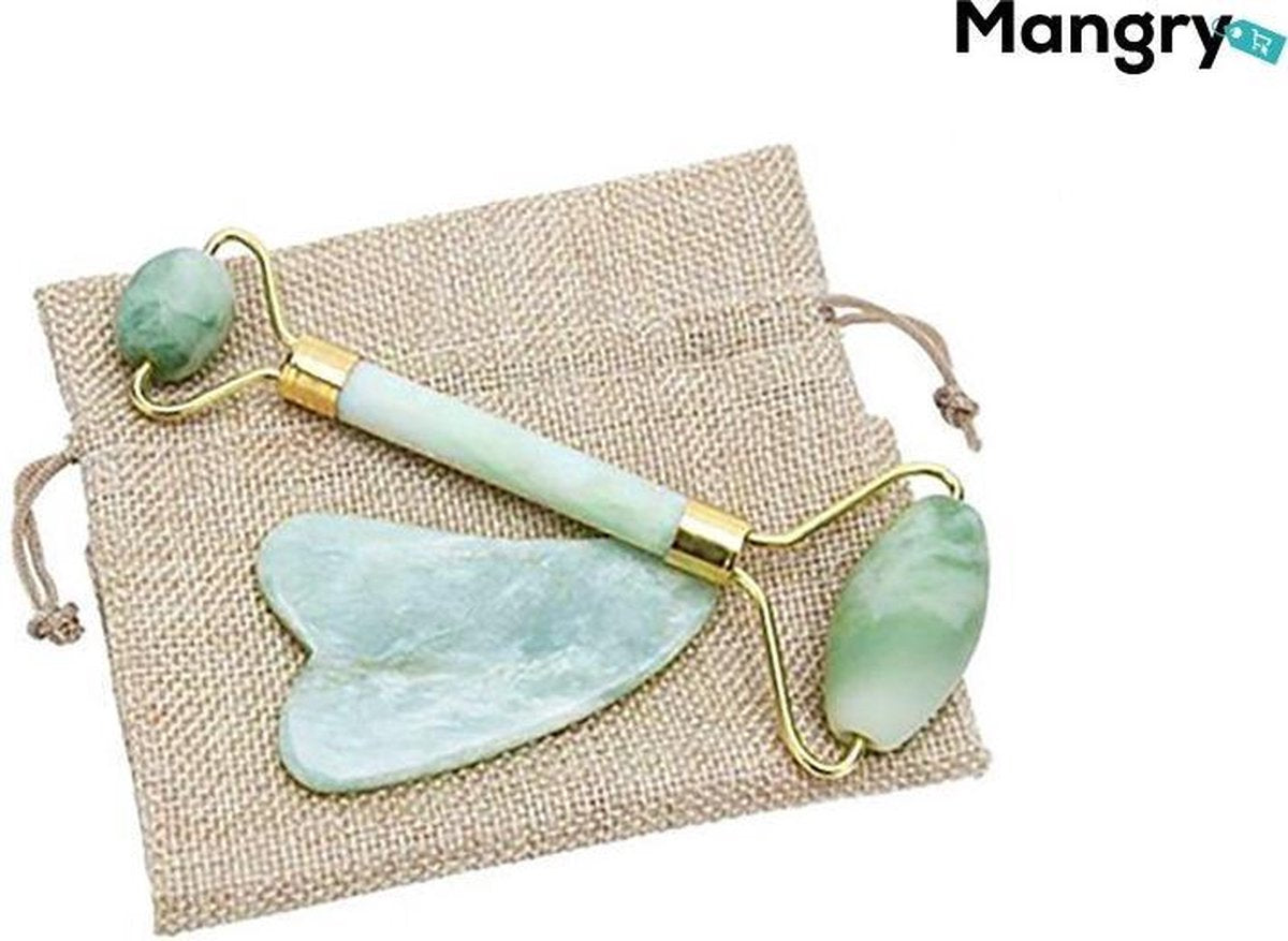 BEAUTY SET -Jade Roller Gezichtsmassage | Luxe Gezichtsroller | Anti Rimpel Gezichtsroller | Anti donkere kringen | Anti rimpels | Gezichtsmassage | Afvalstoffen reiniger | Jade Roller |100% Natuurlijke Jade steen- Mangry