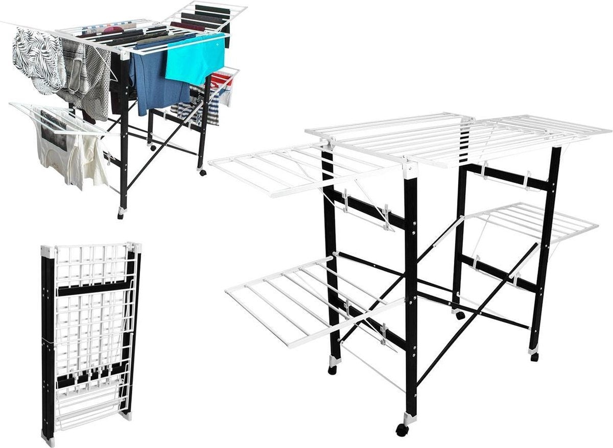 XXL Stevig Wasdroogrek Op Wielen - Verrijdbaar & Uitklapbaar - Inklapbaar Droogrek Kledingrek Droger - Staand Kleding Wasrek - Voor Binnen & Buiten - 22 Meter Drooglenge