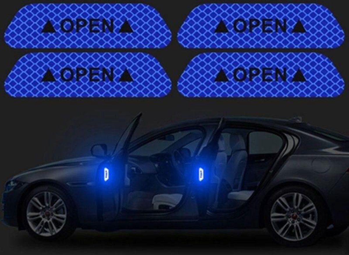 Reflecterende stickers - Auto reflecterende deur sticker - Reflecterende Strips - Open portier - Veiligheid - Reflecterende strips voor fiets - Glow in the dark strips - Nacht strips veiligheid - Autoaccessoires - Reflecterend Blauw - 4 Stuks