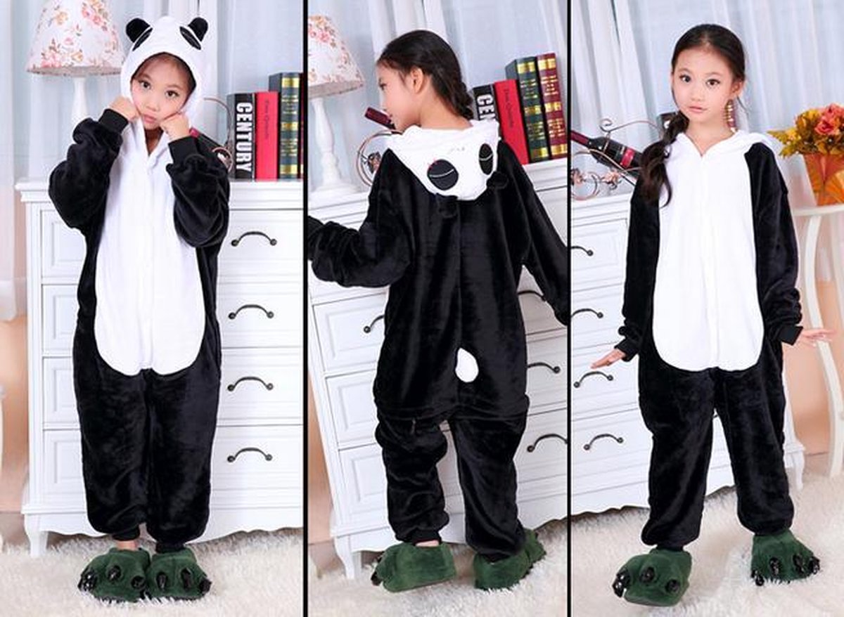 KIMU Onesie panda kinder pakje kung fu panda zwart wit - maat 110-116 - pandapakje jumpsuit pyjama