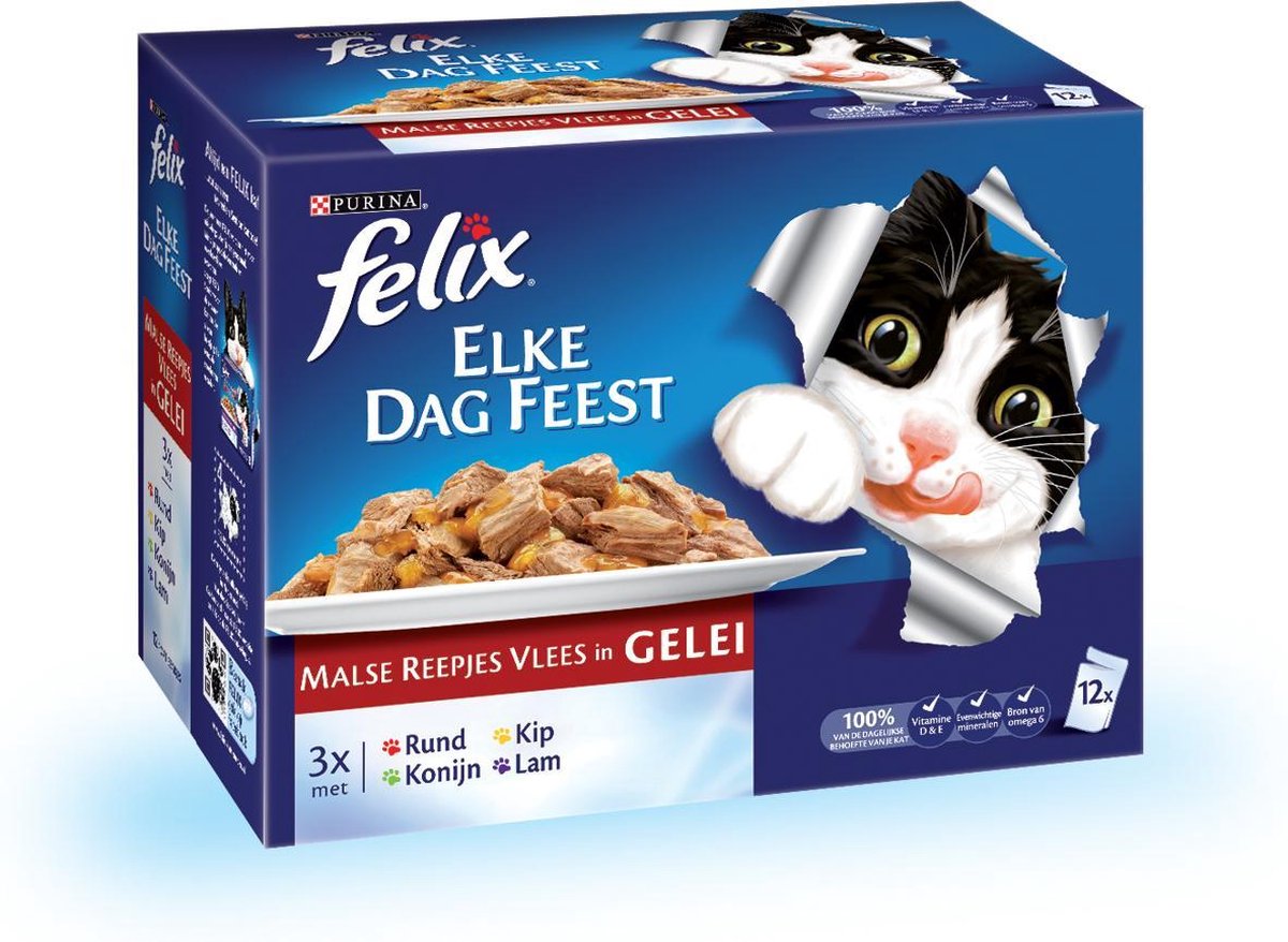 FELIX Elke Dag Feest Malse Reepjes - Vlees - Kattenvoer - 12 x 100 g