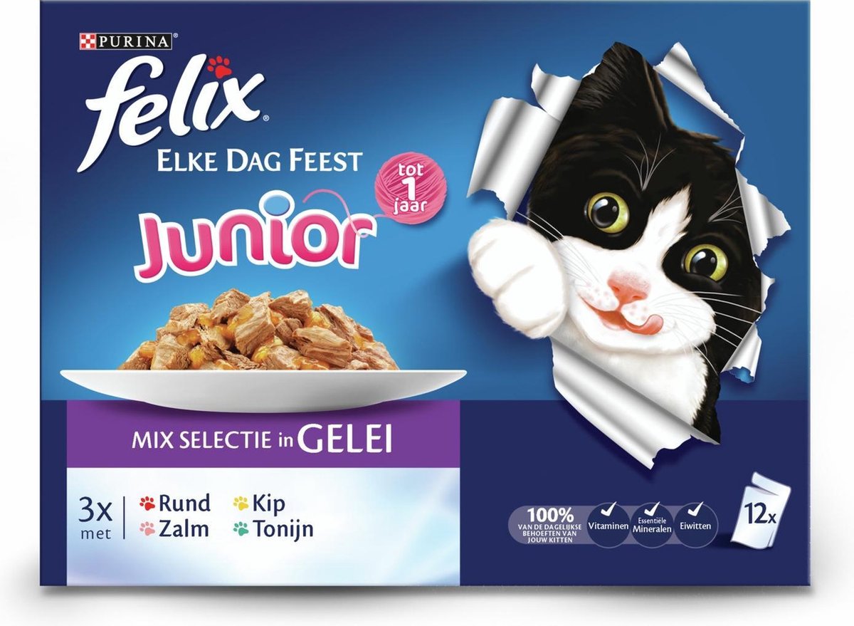 Felix Elke Dag Feest Junior - Vlees/Vis - Kattenvoer - 12 x 100 g