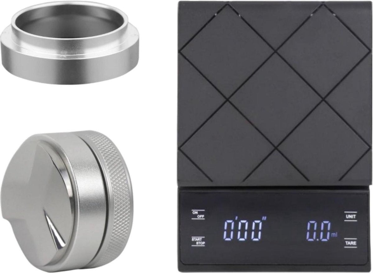 Barista uitbreiding set 58mm - zilver - barista weegschaal - koffie verdeler - doseerring
