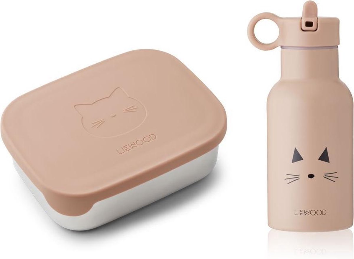 Liewood | Joni Lunchbox Set Cat Rose RVS Drinkfles en Broodtrommel