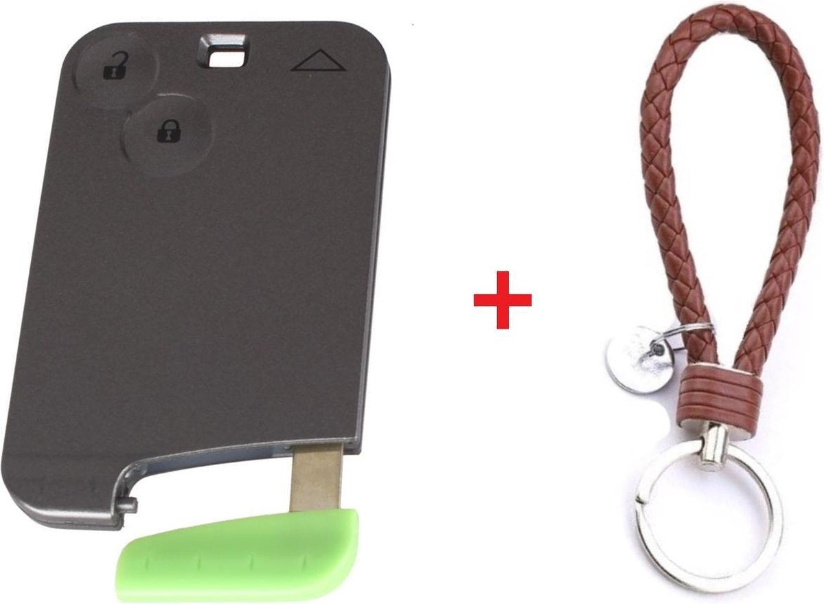 Autosleutel Smart Card 2 knoppen met sleutelblad VA150S21 geschikt voor Renault sleutel Espace / Renault Laguna / Renault Vel Satis / Renault sleutelkaart behuizing. + gevlochten bruin PU-lederen sleutelhanger.