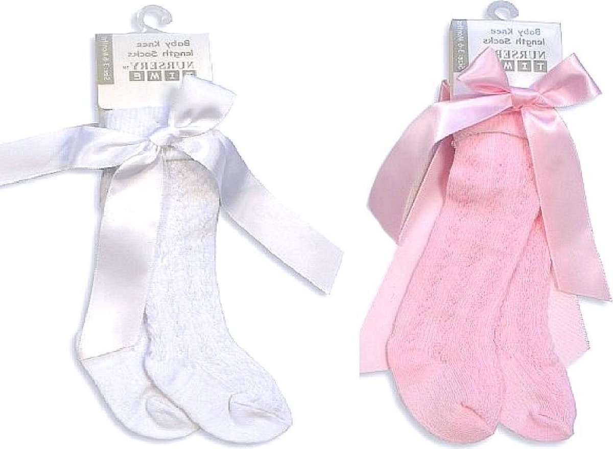 2-pack Spanish Style Lacey Kniekousen met Satijnen Strik | Roze+Wit | 0-3 mnd