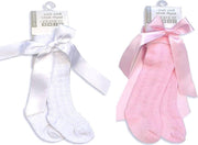 2-pack Spanish Style Lacey Kniekousen met Satijnen Strik | Roze+Wit | 0-3 mnd